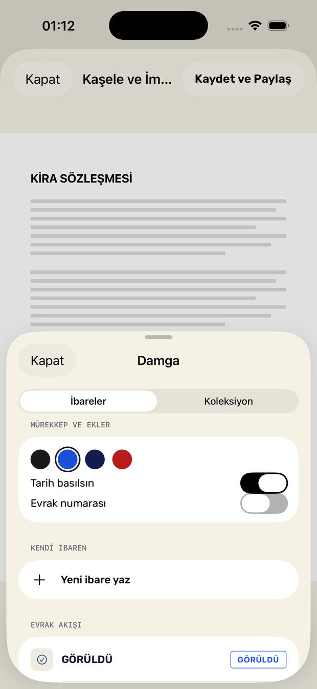 Damga seçici ekranı: ibareler sekmesi, mürekkep renkleri, tarih ve evrak numarası anahtarları